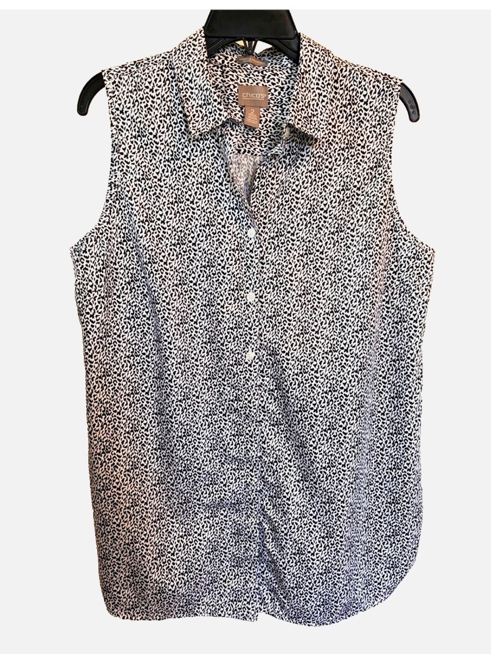 Chico’s No Iron Shirt 2 L Leopard Print Sleeveless 100% Cotton Button Front